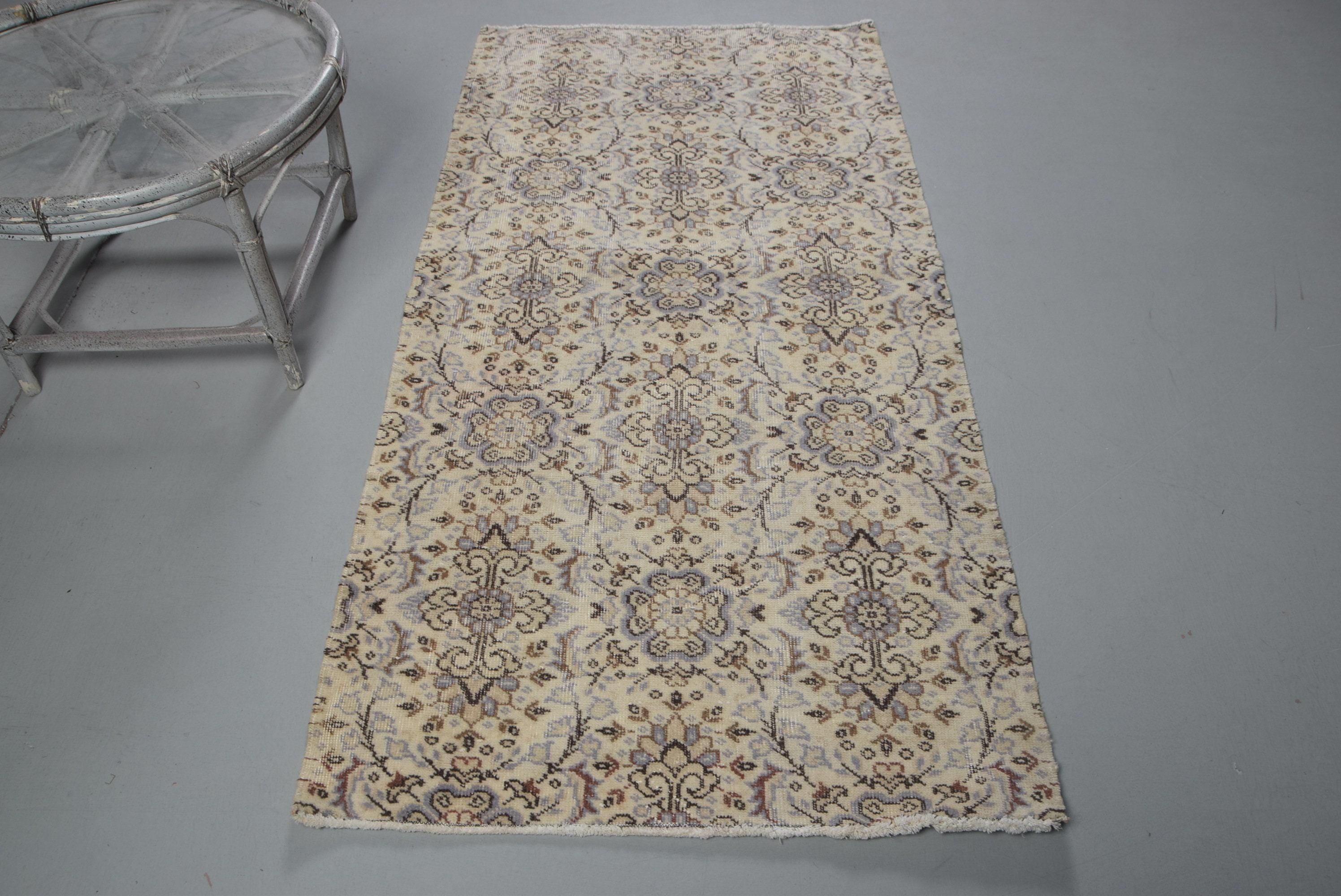 Vintage Turkish Accent Rug, Cream and Taupe Floral Design, 3x7ft, Elegant Home Decor, Hallway Runner Carpet