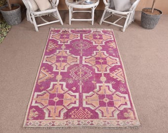 Vintage Turkish Rug, 4x7.2 ft Area Rug, Pink Yellow Check Rug