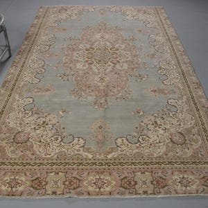 Vintage Turkish Rug, 6x9ft Area Carpet, Elegant Blue and Pink Floral Design, Intricate Medallion Pattern, Home Decor Luxury