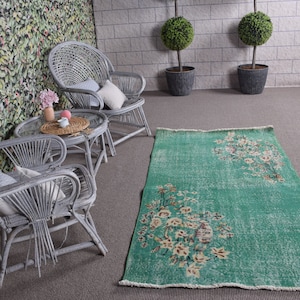 Turkish Rug, Vintage Rug, Area Rugs, Antique Rugs, Rugs For Kitchen, 3.7x6.7 ft Green Rug, Floral Oushak Rug, Wool Rug, Vintage Decor, 10475