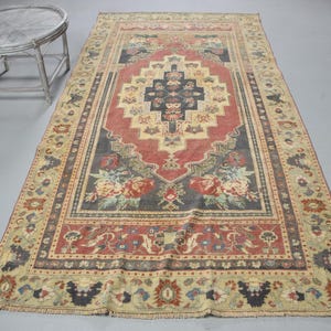 Vintage Turkish Rug, Oushak Design, Large Handwoven Carpet, 5x10ft Area Rug, Floral Pattern, Living Room Decor, Wool Floor Covering