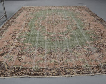 Vintage Turkish Rug, Distressed Pastel Green and Pink