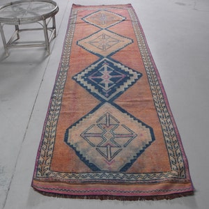 Vintage tapijt, tapijt van 3,2 x 11,3 ft, antiek tapijt, vloerkleden voor binnen, bruin keukentapijt, Herki-tapijt, Turks tapijt, etnisch slaapkamerkleed