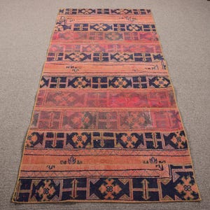 Turkish Vintage Rug, 3.1x6.5 ft Accent Rug, Red Oushak Patchwork Rug