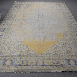 Alfombra turca de 2,1 x 2,95 m, alfombra vintage grande, alfombra oriental de lana amarilla