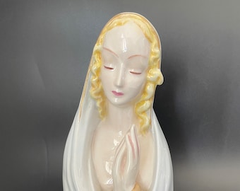 Vintage Ceramic Virgin Mother Mary Madonna Bust Head Statue with Praying Hands ~ 9.5" High ~ Pale Blue Veil, Blonde Hair ~ Prayer