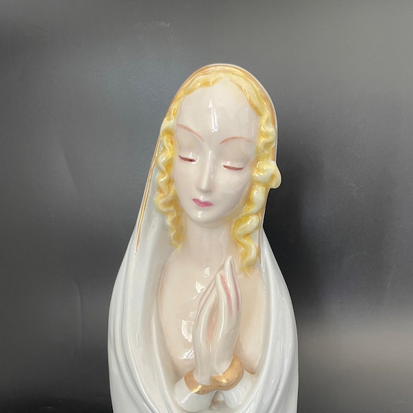 Vintage Ceramic Virgin Mother Mary Madonna Bust Head Statue with Praying Hands ~ 9.5" High ~ Pale Blue Veil, Blonde Hair ~ Prayer