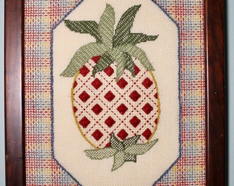 Vintage Framed Yarn Crewel Needlepoint Canvas Embroidery Wall Art ~ Pineapple ~ Red Green Blue Tan ~ 18.5 x 13.5