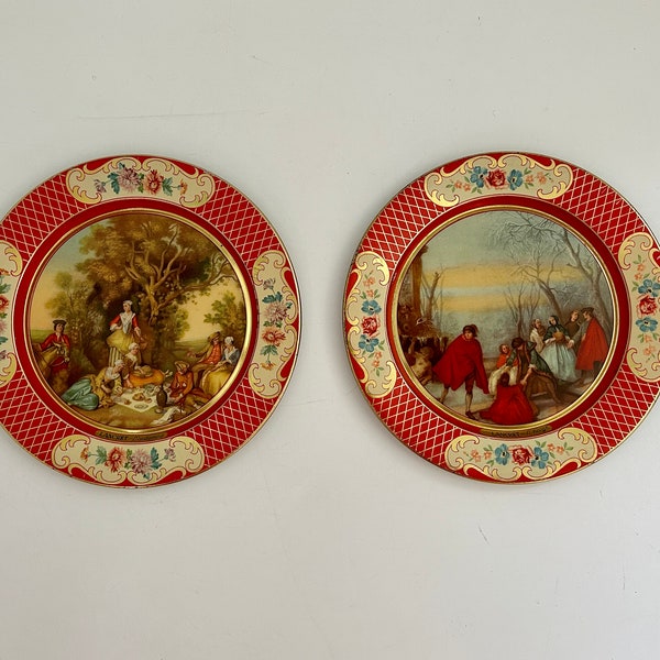 Set of 2 Vintage Daher Decorated Ware Tin Litho Plates for Wall Decor ~ 8" Diameter ~ Autumn & Winter ~ Red and Gold Border ~ Belgium