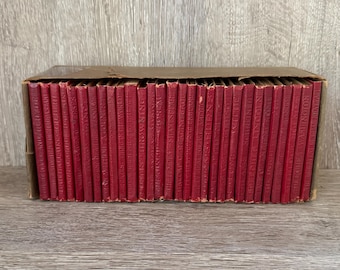 Vintage Little Leather Library Set | 30 Miniature Red Books | Robert K. Haas Publisher | 1920s Literature Collection | Original Box Bottom