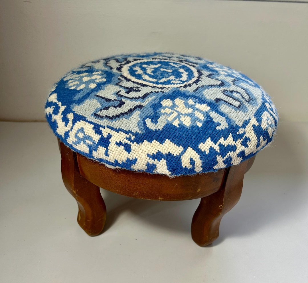 Vintage Needlepoint Footstool | Asian-inspired Blue Floral Geometric ...