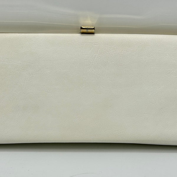 Vintage White Vinyl Clutch Purse Handbag ~ 11" x 5" ~ Goldtone Trim and Catch ~ Black Cloth Lining ~ 1980s