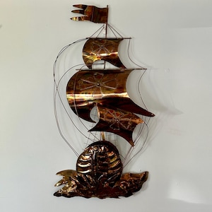 Vintage Large Copper Wall Sculpture Art Tall Sailing Ship | 33" x 16" | Metal Wall Decor | Spanish Armada | 1970s | Nautical