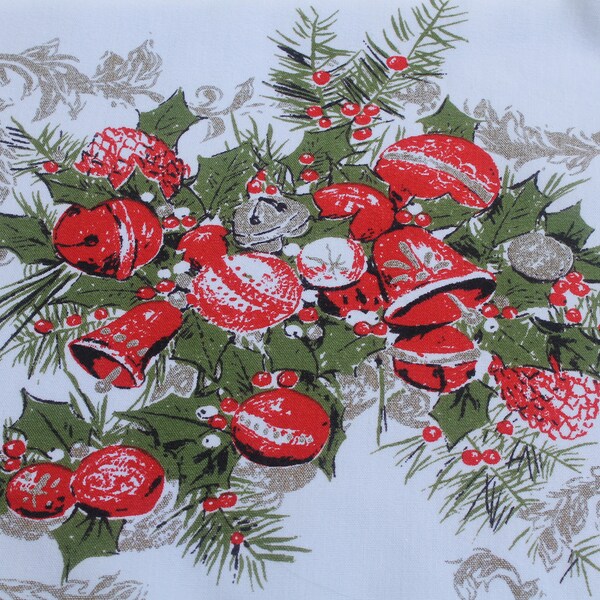 Vintage Luther Travis Noël nappe avec Holly, cloches, guirlande, rouge, vert, or