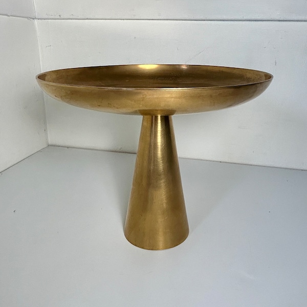 Vintage Solid Brass Pedestal Cake Stand Shallow Bowl ~ 8" High ~ 10" Diameter ~ Patina ~ Weddings Parties Events Display Serving Dish