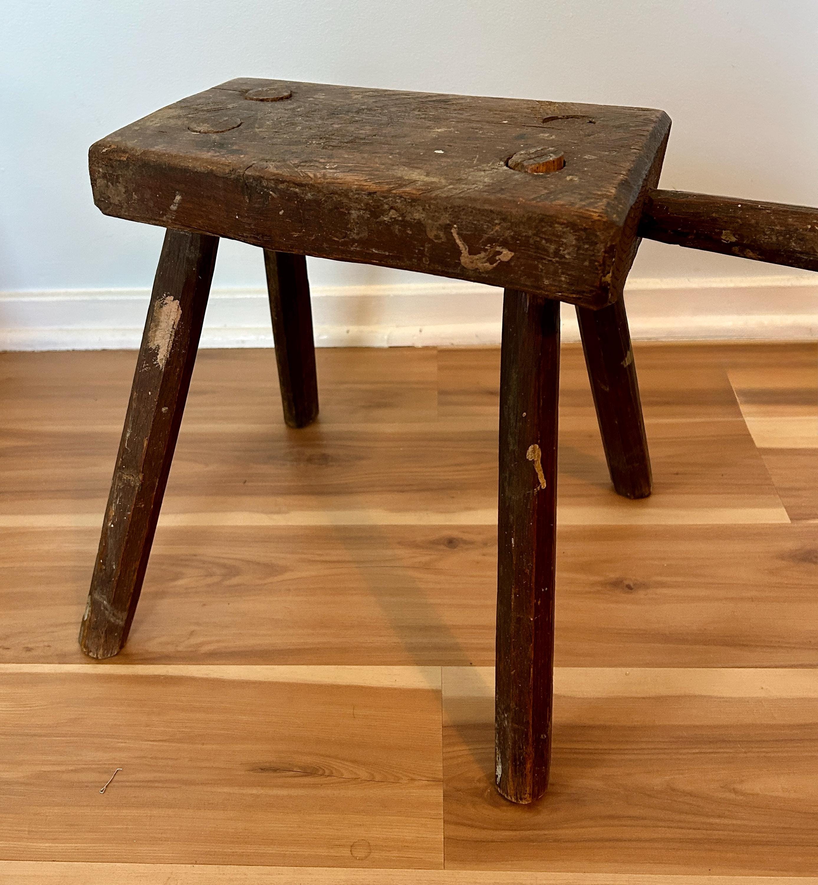 Antique Primitive Milking Stool | 4-legged Rough Hewn Wood Stool With ...