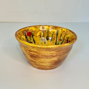 Vintage Hand Thrown 6&quot; Brown Glazed Pottery Bowl | Red & Yellow Flowers Inside | Farmhouse |Accent Bowl | 3&quot; High | Signed | Storage
