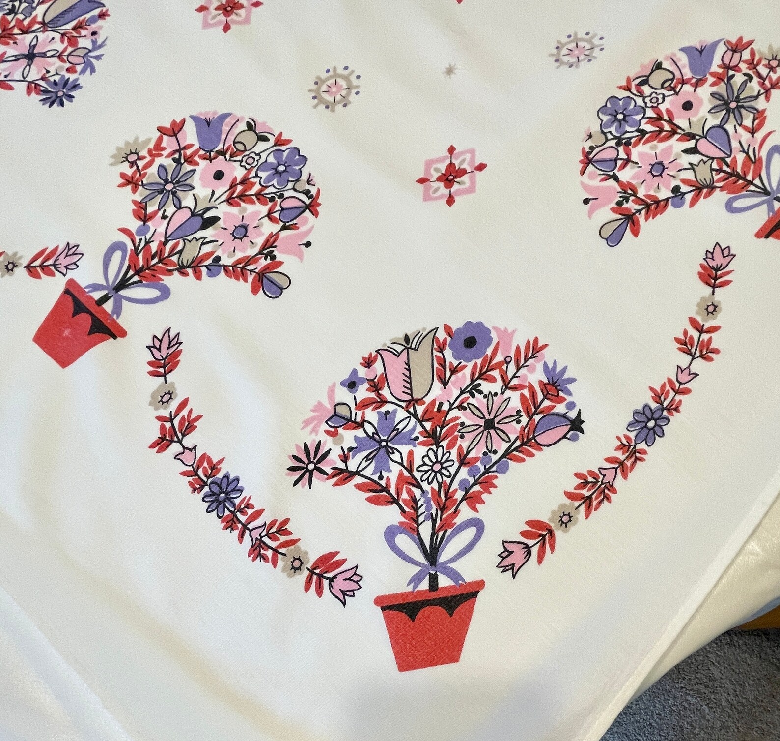 Vintage Simtex Tablecloth ~ Happy Tree Pattern ~ Floral Topiary Garland ...