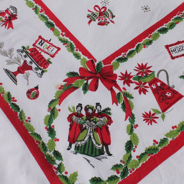 Cloches de Noël nappe, 80 x 60, chanteurs, nourriture, bonbons, houx, Poinsettias, anges, flocons de neige, XL Vintage des années 1950