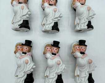 Set of 6 Vintage Hand Painted Bride and Groom Wedding Cake Toppers ~ 4" High ~ Ceramic Bisque ~ Engagement Party or Bridal Shower Decoration