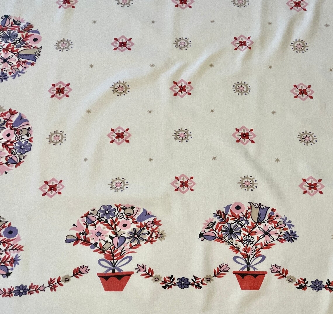 Vintage Simtex Tablecloth ~ Happy Tree Pattern ~ Floral Topiary Garland ...