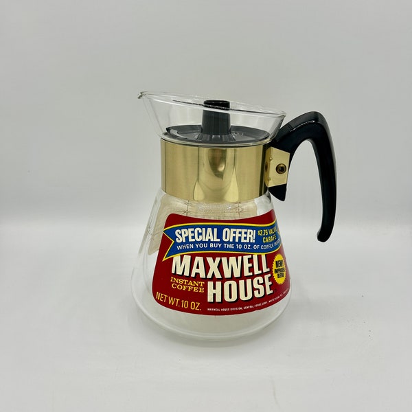 Vintage 1970s Corning Stovetop Clear Glass Coffee Pot Carafe Atomic Starburst Maxwell House Promotion NOS New Old Stock Heat Proof