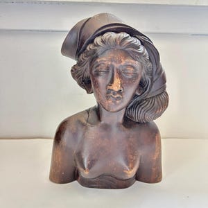 Vintage Hand Carved Wood Bust | 12&quot; Tall Female Sculpture | Rustic Boho Decor | Weathered Bali Tourist Art | Global or Eclectic Style