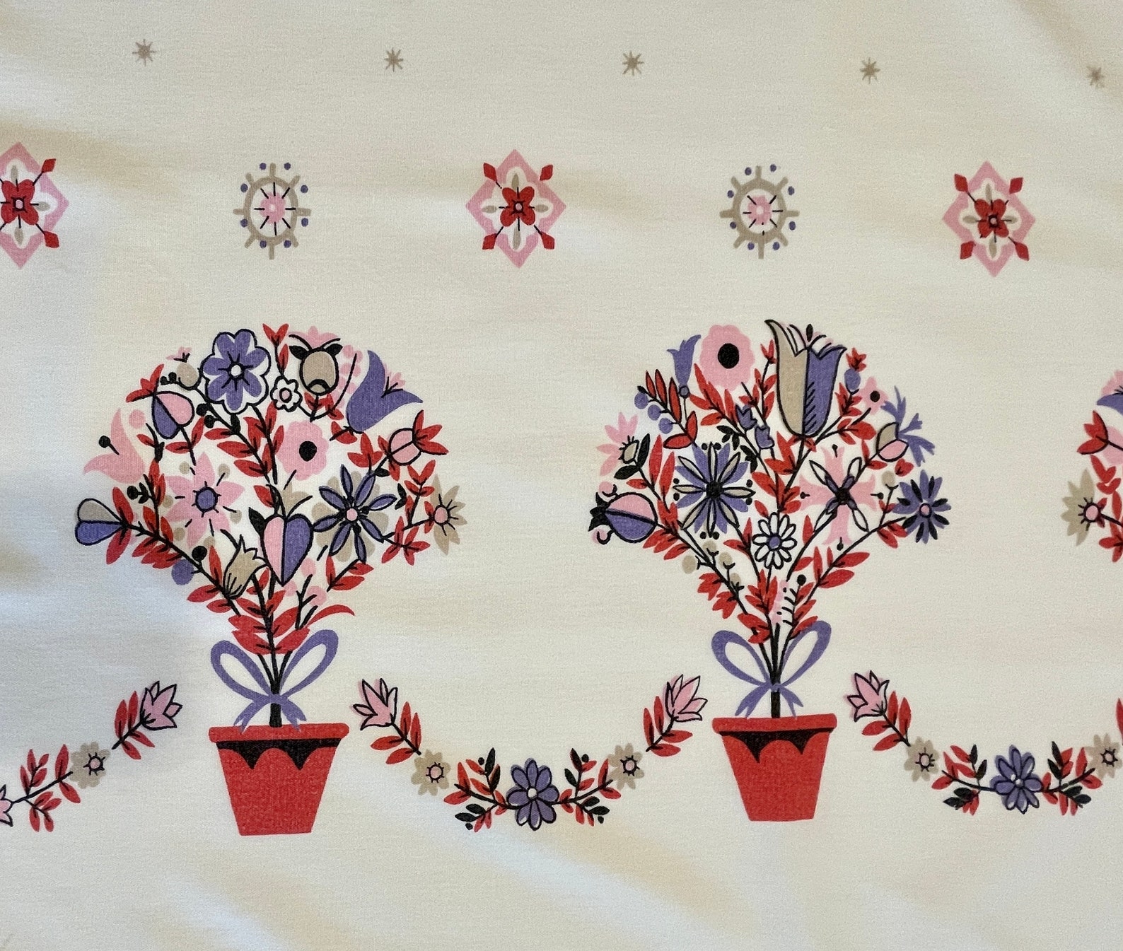 Vintage Simtex Tablecloth ~ Happy Tree Pattern ~ Floral Topiary Garland ...