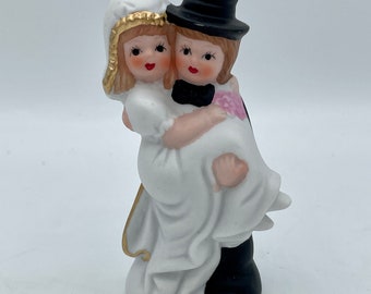 Vintage Hand Painted Bride and Groom Wedding Cake Topper ~ 4" High ~ Ceramic Bisque ~ White, Black, Pink, and Gold ~ Adorable, Cherubic