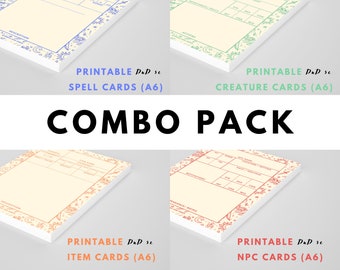 Fillable Custom Item / Monster / Spell / NPC Cards // Digital Download // Dungeons and Dragons 5e Printable & Fillable // A6 COMBO PACK (x4)