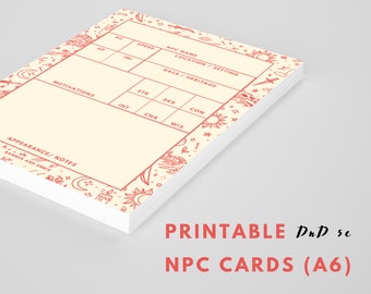 Fillable Custom NPC Cards // RPG Digital Download // Dungeons and Dragons Printable Template // 5e NPC Cards // A6 Digitally Fillable Cards