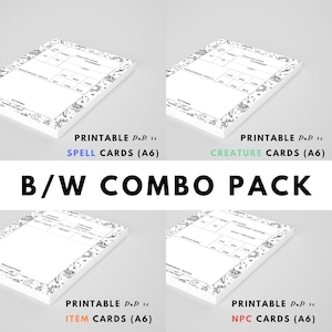 May include: Four printable Dungeons and Dragons (D&D) card templates in black and white. The templates are for spells, creatures, items, and non-player characters (NPCs). Each template has a decorative border with stars, moons, and other celestial imagery.