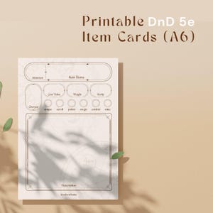 Peut inclure: Cartes d'objets imprimables pour Donjons et Dragons 5e édition au format A6. Les cartes sont vierges et comportent des champs pour le nom de l'objet, le coût, le poids, la rareté, les charges, le type, la description et un espace pour un dessin.