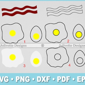 May include: A digital graphic featuring illustrations of breakfast food items. The image includes two strips of bacon, four fried eggs, and four egg halves. The eggs have yellow yolks. The image also includes the text "Jolivette Designs" and file type options.