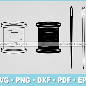 May include: Black and white silhouette of two spools of thread and two needles. The spools are round with a hole in the center. The needles are long and thin with a small eye at the top.