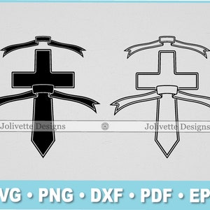 May include: Two black and white images of a cross with a tie shape at the bottom. The cross is decorated with ribbons at the top and bottom. The text "Jolivette Designs" appears below each image.