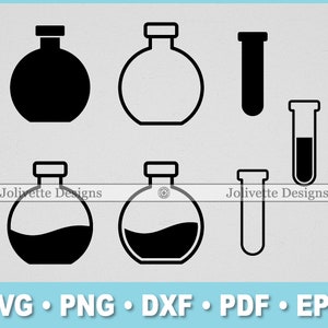 May include: Six black and white illustrations of laboratory glassware. The illustrations include two round bottles, one with a liquid inside, and three test tubes, one with a liquid inside.