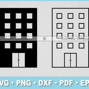 Peut inclure: Deux illustrations en noir et blanc d'un bâtiment avec des fenêtres et une porte. Le bâtiment de gauche est rempli de noir, tandis que le bâtiment de droite est délimité en noir.