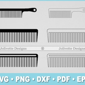 Può includere: Sono mostrati sei modelli di pettini neri, inclusi pettini con manici e pettini a denti larghi. L'immagine presenta il testo "Jolivette Designs" e le abbreviazioni dei tipi di file: SVG, PNG, DXF, PDF ed EPS.
