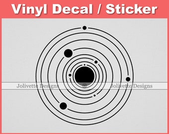 May include: Black and white vinyl decal or sticker of a stylized solar system with a large sun and several planets orbiting around it.