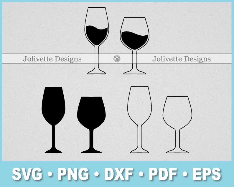 Puede incluir: Conjunto de seis siluetas de copas de vino en blanco y negro. Las copas son de diferentes formas y tama&ntilde;os. La imagen incluye el texto "Jolivette Designs".