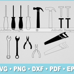 May include: Black and white silhouette images of various tools, including screwdrivers, hammers, nails, wrenches, pliers, and a saw. The text "Jolivette Designs" appears twice on the image.
