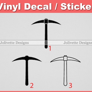 May include: Three black vinyl decals of a pickaxe, each with a different design. The decals are on a white background.  Jolivette Designs is printed at the top of the image.