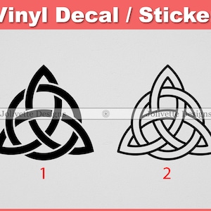 May include: Two black vinyl decals of a Celtic knot design. The design is a triangle with three interlocking circles. The first decal is a solid black design. The second decal is an outline design.
