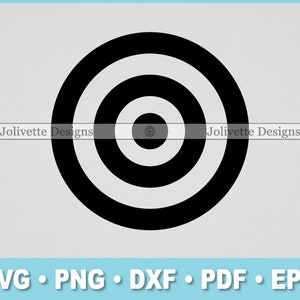 May include: Black and white target with concentric circles. The target is a simple design with four circles.