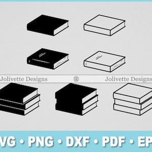 May include: A set of six black and white book illustrations. The illustrations include a single book, a stack of three books, and a stack of two books. The illustrations are in a simple, hand-drawn style.