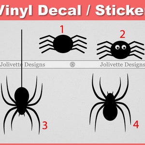 May include: Four black vinyl spider decals. The first spider is a simple design with eight legs. The second spider has eight legs and two white eyes. The third spider is hanging from a string and has eight legs. The fourth spider has eight legs and is facing forward.