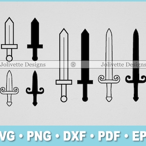 May include: Set of 8 black and white sword silhouette SVG cut files. The swords are in various styles, including a simple sword, a sword with a cross guard, and a sword with a curved handle.