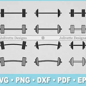 May include: A set of nine black and white barbell weight icons. The barbels are in different positions, some are straight and some are curved. The icons are perfect for use in fitness or gym related designs.