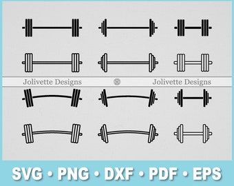 May include: A set of nine black and white barbell weight icons. The barbels are in different positions, some are straight and some are curved. The icons are perfect for use in fitness or gym related designs.
